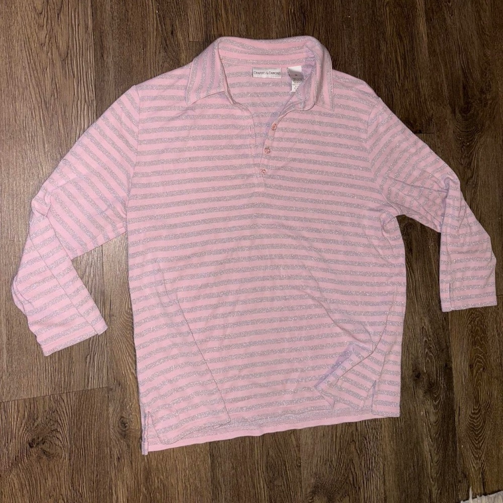 Pink and sparkly grey striped long sleeve polo shirt - Picture 5 of 7